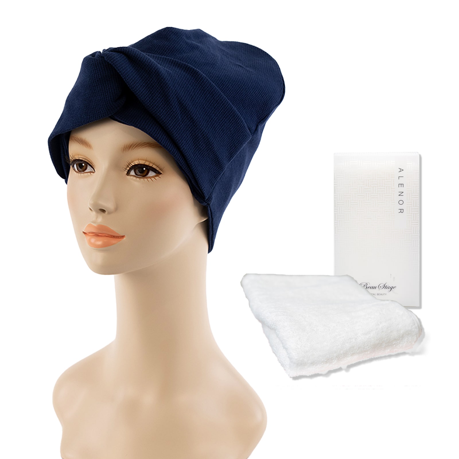  医療用（脱毛時用）帽子・ワッフルリボン帽子（ネイビー）・エレノアタオルセット
