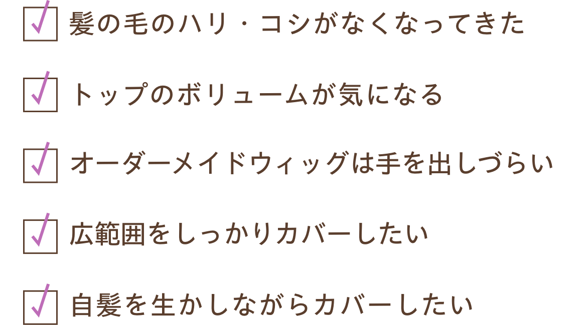 髪の毛のハリ・コシがなくなってきた、トップのボリュームが気になる、オーダーメイドウィッグは手を出しづらい、広範囲をしっかりカバーしたい、自髪を生かしながらカバーしたい