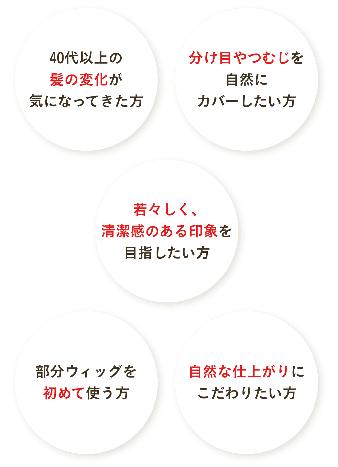 40代以上の髪の変化が気になってきた方、分け目やつむじを自然にカバーしたい方、 若々しく、
清潔感のある印象を目指したい方、部分ウィッグを初めて使う方、自然な仕上がりにこだわりたい方