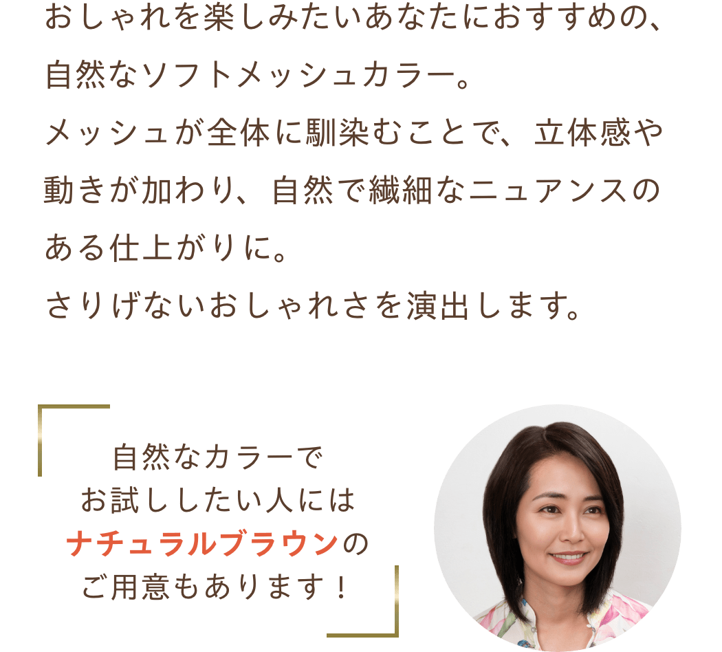 おしゃれを楽しみたいあなたにおすすめの、自然なソフトメッシュカラー。メッシュが全体に馴染むことで、立体感や動きが加わり、自然で繊細なニュアンスのある仕上がりに。さりげないおしゃれさを演出します。