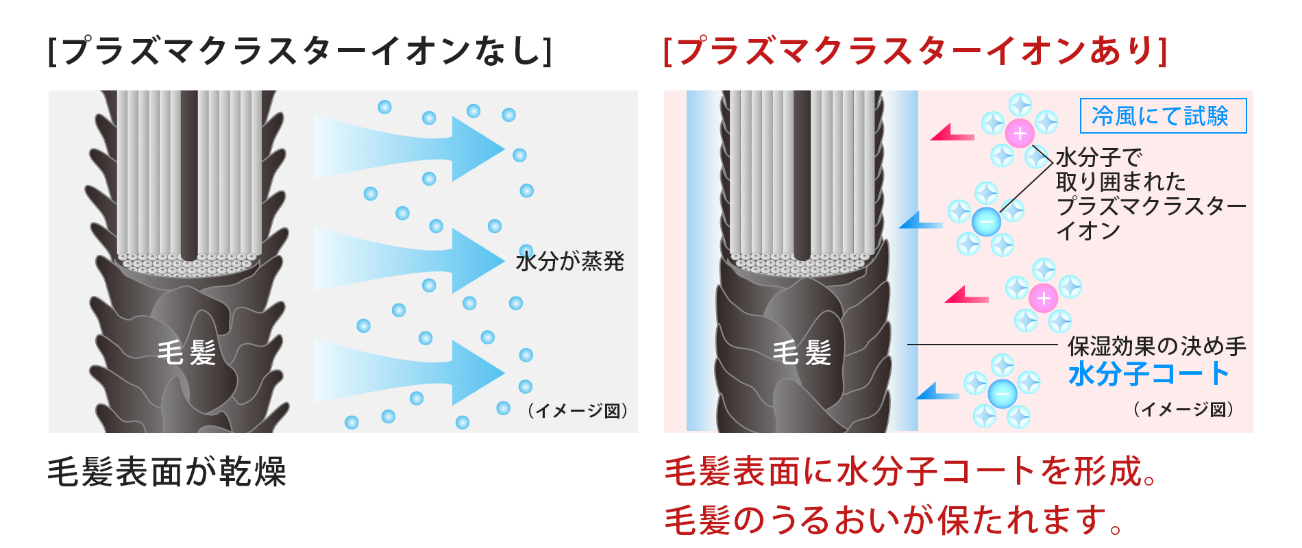プラズマクラスターイオンありなしの毛髪比較図