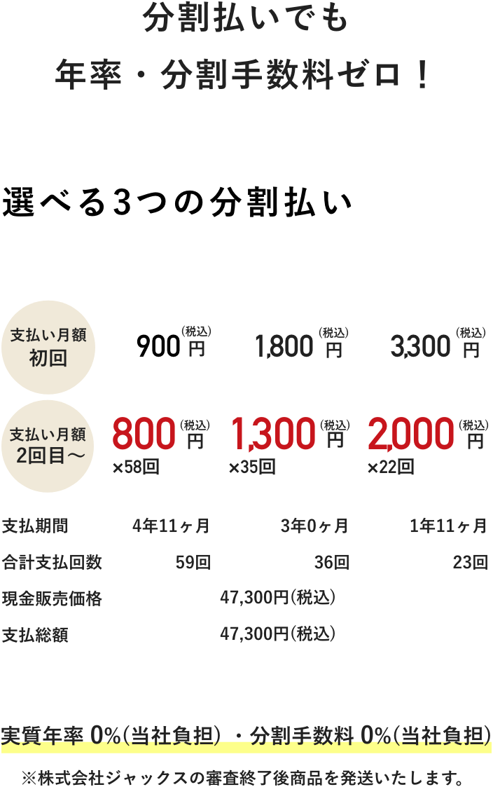 分割払いでも年率・分割手数料ゼロ！ 選べる3つの分割払い 月々800円&sim;