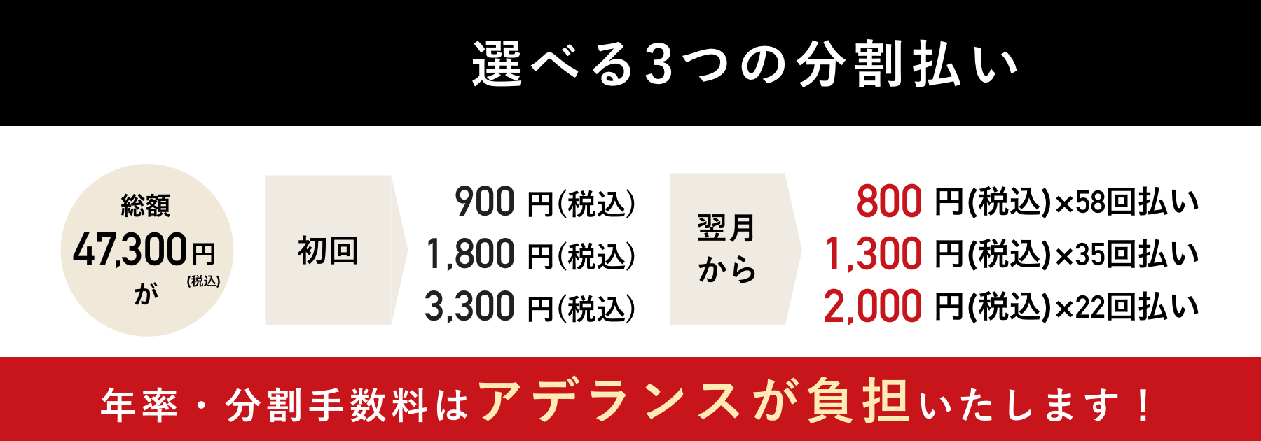 月々800円&sim; 選べる3つの分割払い