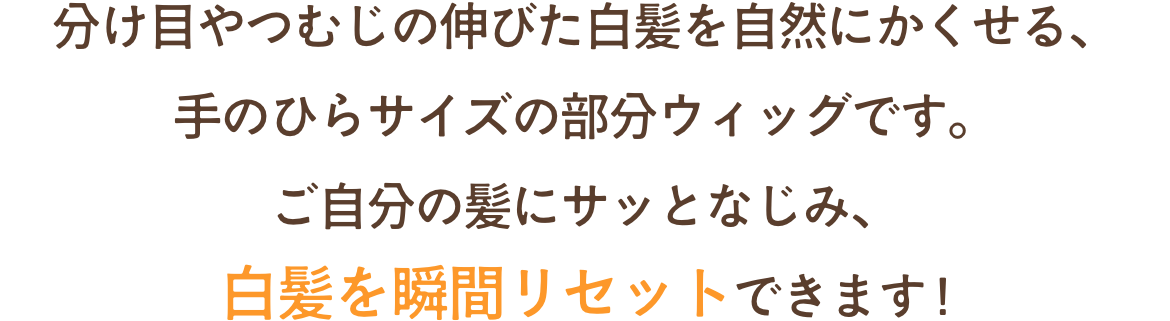 分け目やつむじの伸びた白髪を自然にかくせる、手のひらサイズの部分ウィッグです。ご自分の髪にサッとなじみ、白髪を瞬間リセットできます !