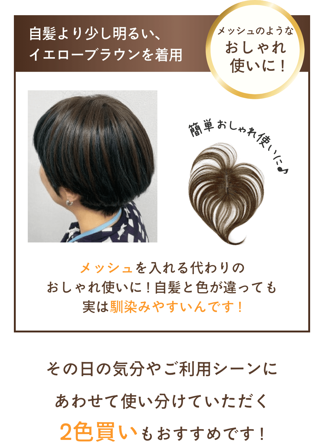 メッシュを入れる代わりの
おしゃれ使いに ! 自髪と色が違っても実は馴染みやすいんです !