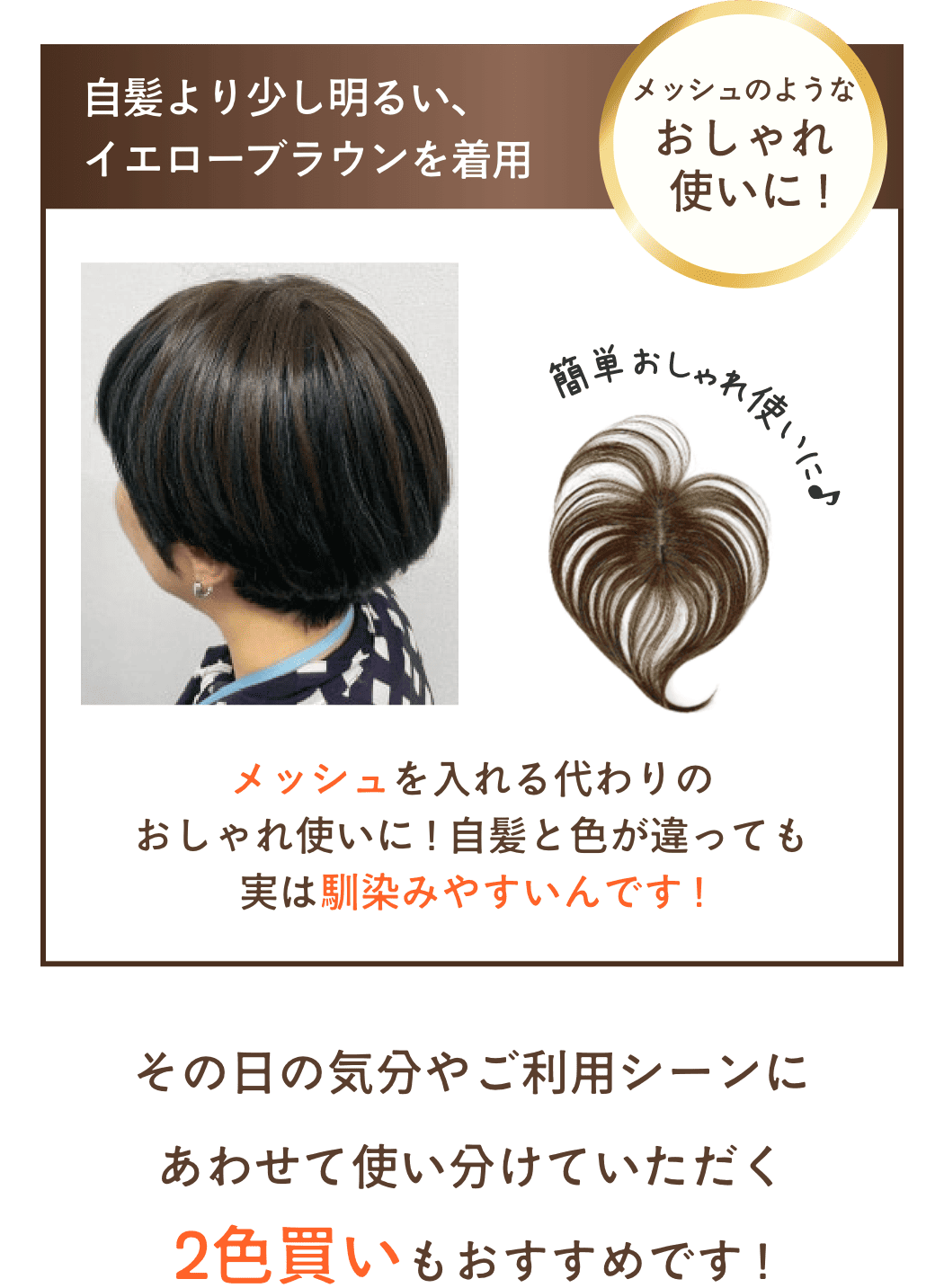 メッシュを入れる代わりの
おしゃれ使いに ! 自髪と色が違っても実は馴染みやすいんです !