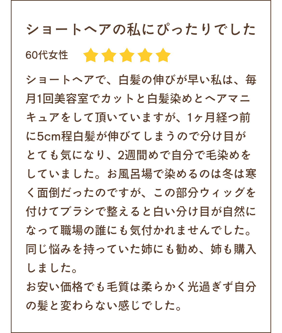 ショートヘアで、白髪の伸びが早い私は、毎月1回美容室でカットと白髪染めとヘアマニキュアをして頂いていますが、1ヶ月経つ前に5cm程白髪が伸びてしまうので分け目がとても気になり、2週間めで自分で毛染めをしていました。お風呂場で染めるのは冬は寒く面倒だったのですが、この部分ウィッグを付けてブラシで整えると白い分け目が自然になって職場の誰にも気付かれませんでした。
同じ悩みを持っていた姉にも勧め、姉も購入しました。
お安い価格でも毛質は柔らかく光過ぎず自分の髪と変わらない感じでした。