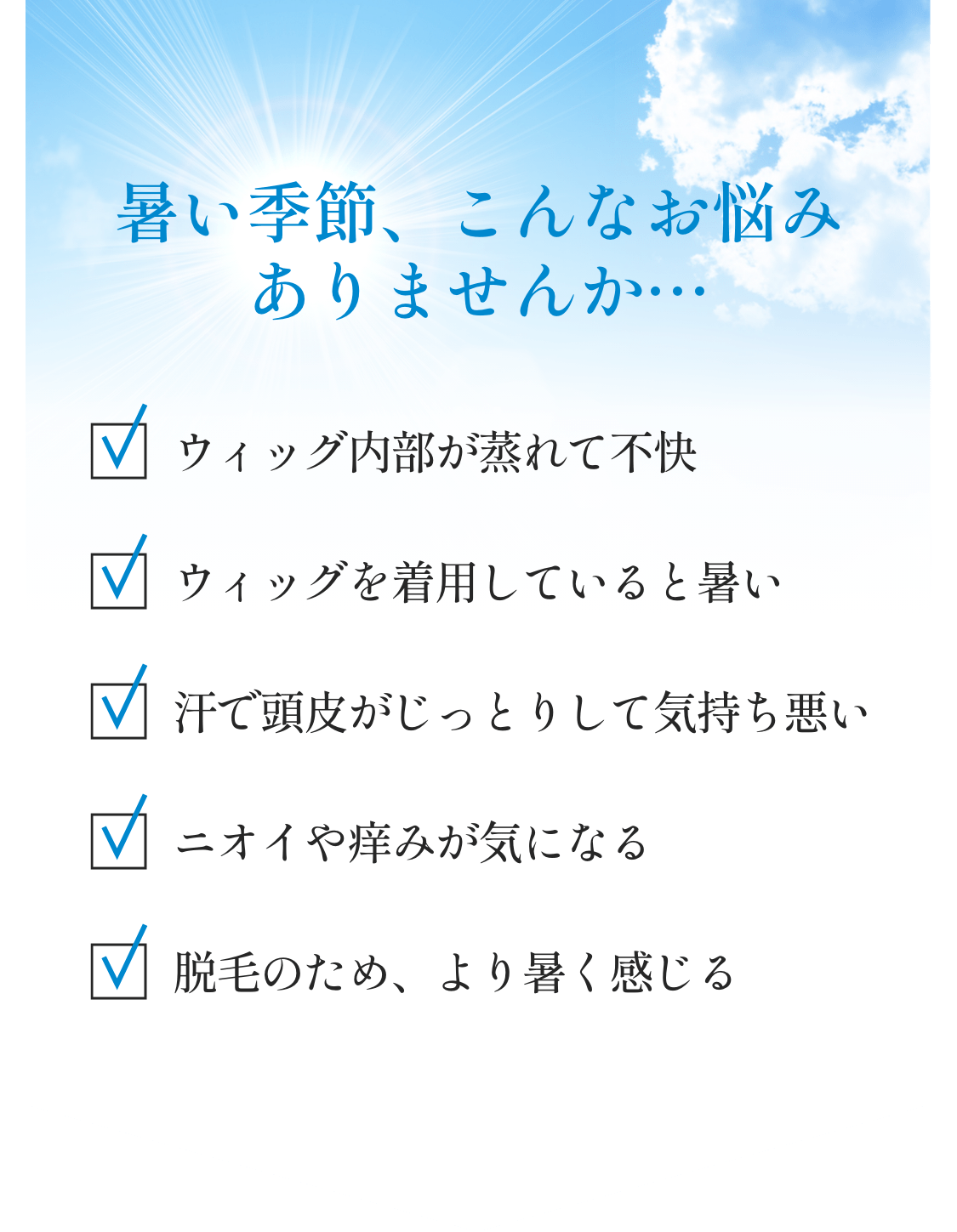 暑いひこんなお悩みありませんか？ウィッグ内部が蒸れて不快、ウィッグを着用していると暑い、汗で頭皮がじっとりして気持ち悪い、ニオイや痒みが気になる、脱毛のため、より暑く感じる